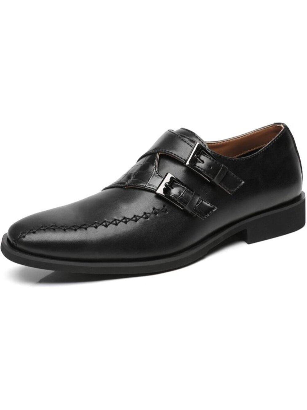 Men Black Leather Double Monk Strap Formal Business Brogue Punched Oxford Shoes